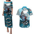 Personalized Cronulla Sutherland Sharks Couples Matching Puletasi and Hawaiian Shirt Aboriginal Dot Art - Dreamtime Rugby Mascot