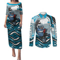 Personalized Cronulla Sutherland Sharks Couples Matching Puletasi and Long Sleeve Button Shirt Aboriginal Dot Art - Dreamtime Rugby Mascot