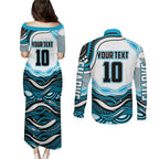 Personalized Cronulla Sutherland Sharks Couples Matching Puletasi and Long Sleeve Button Shirt Aboriginal Dot Art - Dreamtime Rugby Mascot
