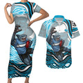 Personalized Cronulla Sutherland Sharks Couples Matching Short Sleeve Bodycon Dress and Hawaiian Shirt Aboriginal Dot Art - Dreamtime Rugby Mascot