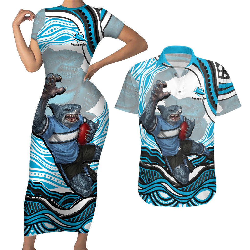 Personalized Cronulla Sutherland Sharks Couples Matching Short Sleeve Bodycon Dress and Hawaiian Shirt Aboriginal Dot Art - Dreamtime Rugby Mascot