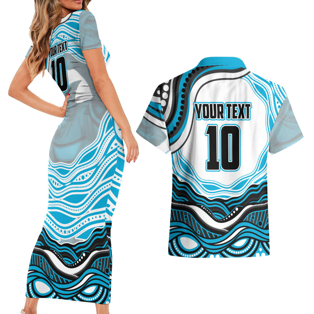 Personalized Cronulla Sutherland Sharks Couples Matching Short Sleeve Bodycon Dress and Hawaiian Shirt Aboriginal Dot Art - Dreamtime Rugby Mascot