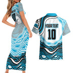 Personalized Cronulla Sutherland Sharks Couples Matching Short Sleeve Bodycon Dress and Hawaiian Shirt Aboriginal Dot Art - Dreamtime Rugby Mascot