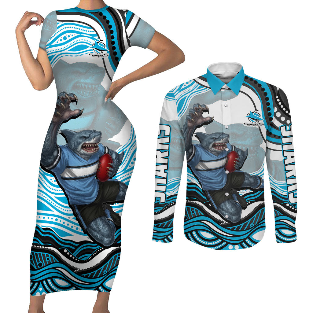 Personalized Cronulla Sutherland Sharks Couples Matching Short Sleeve Bodycon Dress and Long Sleeve Button Shirt Aboriginal Dot Art - Dreamtime Rugby Mascot