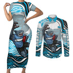 Personalized Cronulla Sutherland Sharks Couples Matching Short Sleeve Bodycon Dress and Long Sleeve Button Shirt Aboriginal Dot Art - Dreamtime Rugby Mascot