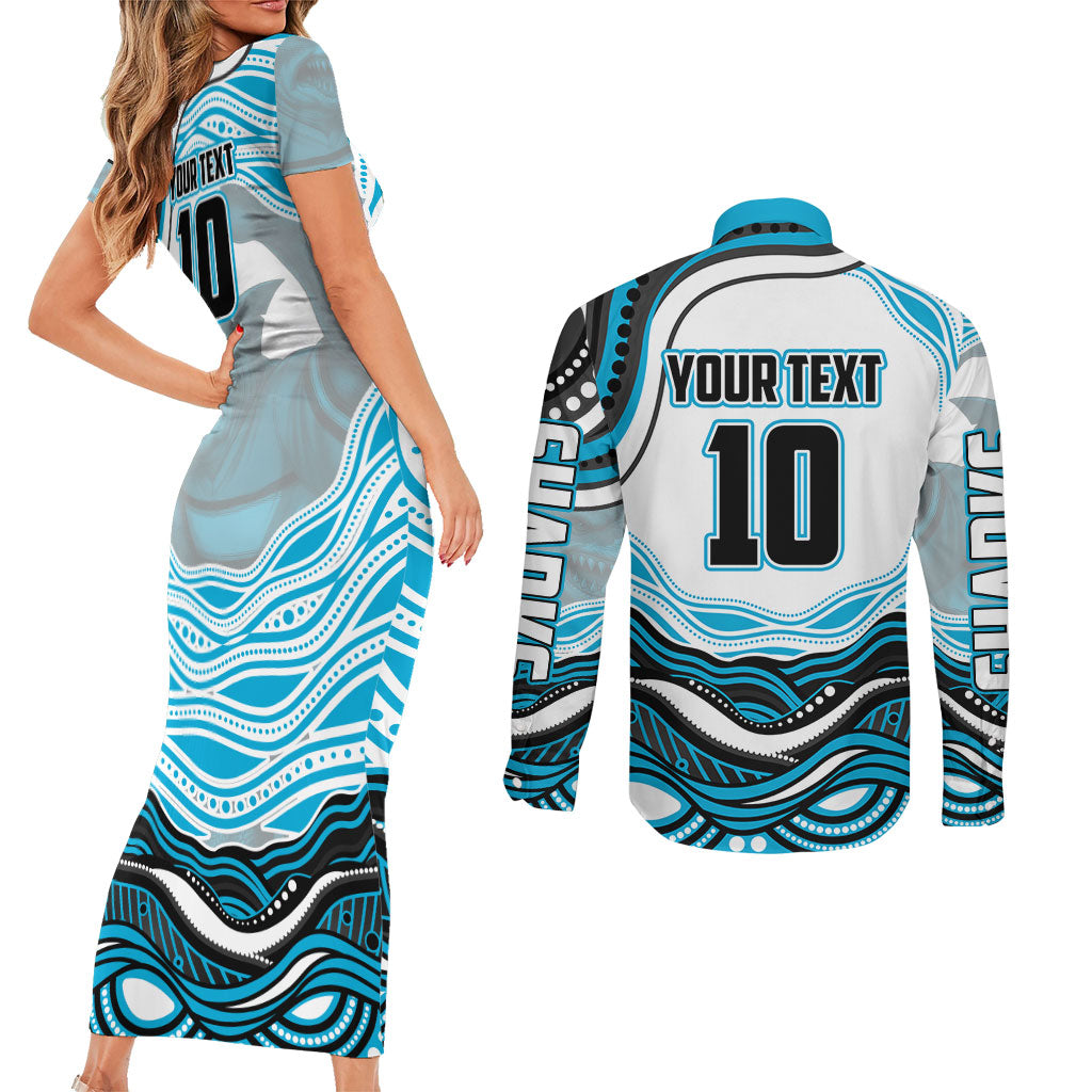 Personalized Cronulla Sutherland Sharks Couples Matching Short Sleeve Bodycon Dress and Long Sleeve Button Shirt Aboriginal Dot Art - Dreamtime Rugby Mascot