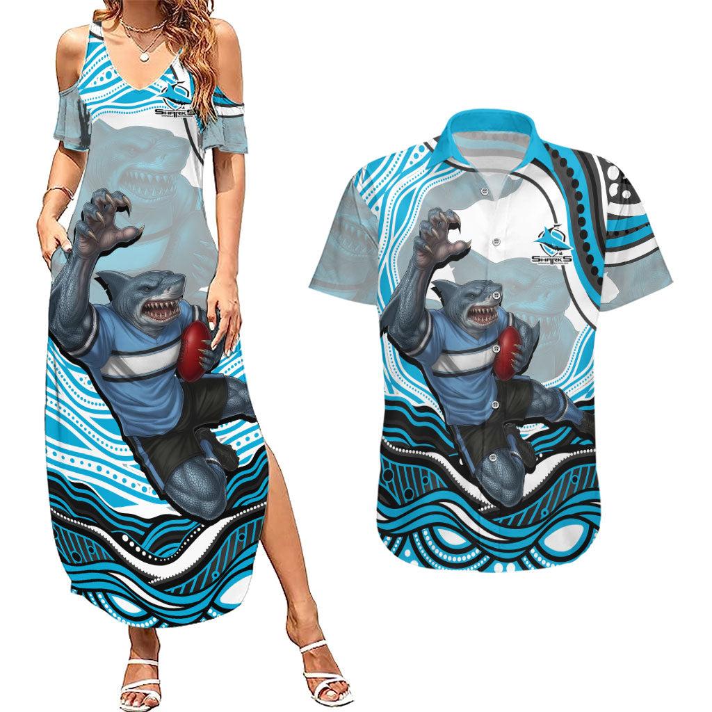 Personalized Cronulla Sutherland Sharks Couples Matching Summer Maxi Dress and Hawaiian Shirt Aboriginal Dot Art - Dreamtime Rugby Mascot