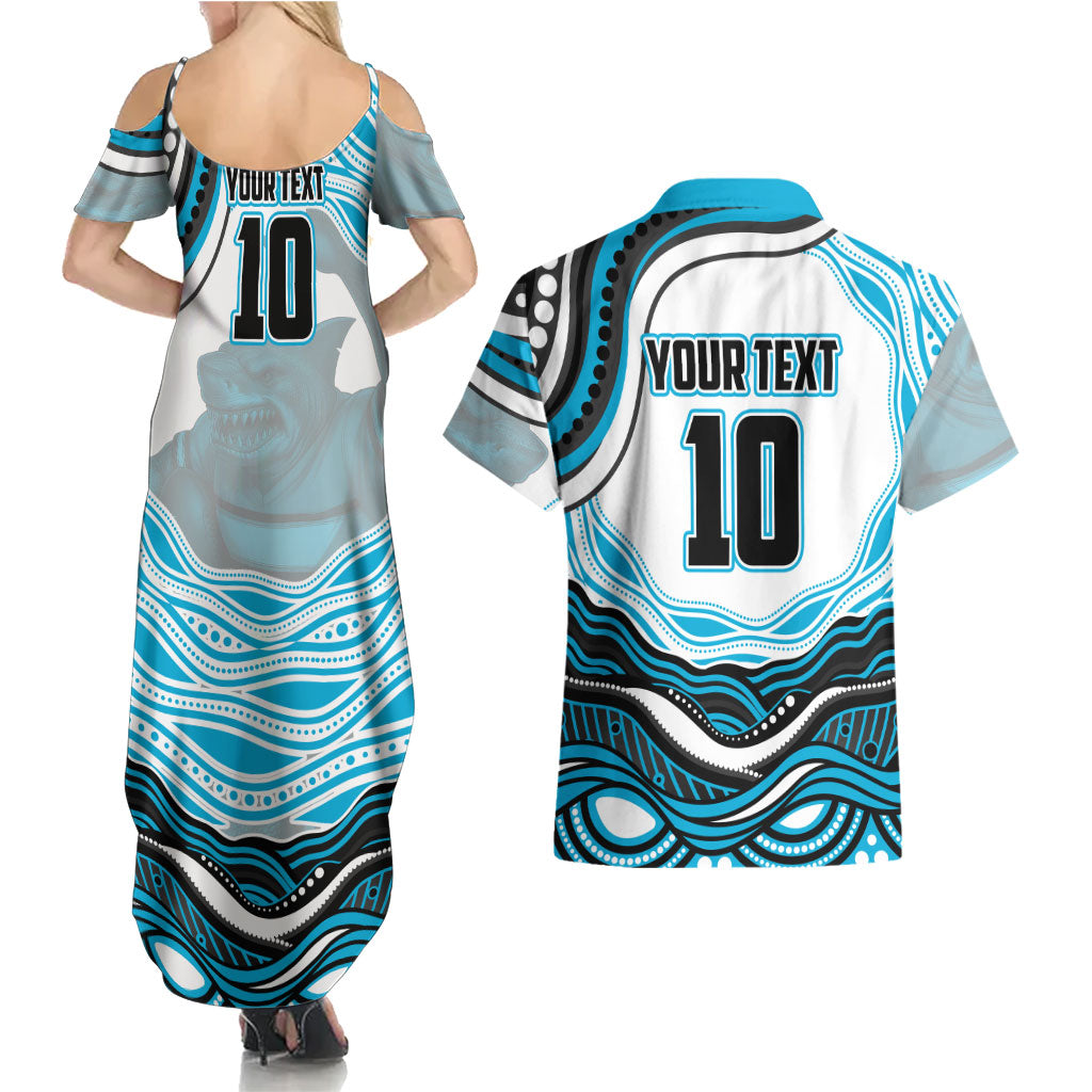 Personalized Cronulla Sutherland Sharks Couples Matching Summer Maxi Dress and Hawaiian Shirt Aboriginal Dot Art - Dreamtime Rugby Mascot