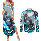 Personalized Cronulla Sutherland Sharks Couples Matching Summer Maxi Dress and Long Sleeve Button Shirt Aboriginal Dot Art - Dreamtime Rugby Mascot