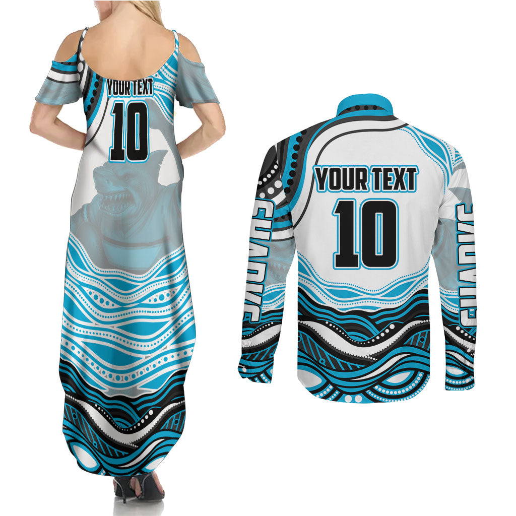 Personalized Cronulla Sutherland Sharks Couples Matching Summer Maxi Dress and Long Sleeve Button Shirt Aboriginal Dot Art - Dreamtime Rugby Mascot