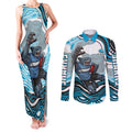 Personalized Cronulla Sutherland Sharks Couples Matching Tank Maxi Dress and Long Sleeve Button Shirt Aboriginal Dot Art - Dreamtime Rugby Mascot