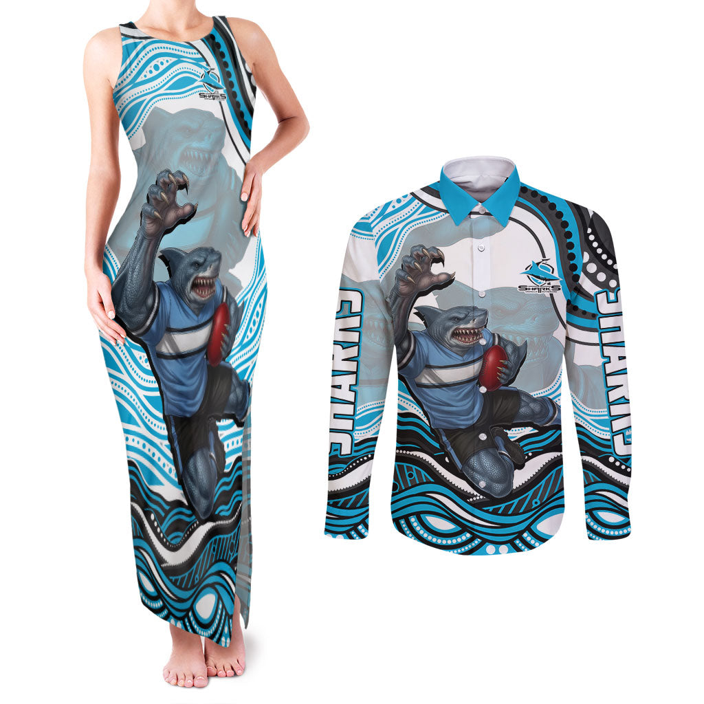Personalized Cronulla Sutherland Sharks Couples Matching Tank Maxi Dress and Long Sleeve Button Shirt Aboriginal Dot Art - Dreamtime Rugby Mascot