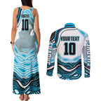 Personalized Cronulla Sutherland Sharks Couples Matching Tank Maxi Dress and Long Sleeve Button Shirt Aboriginal Dot Art - Dreamtime Rugby Mascot