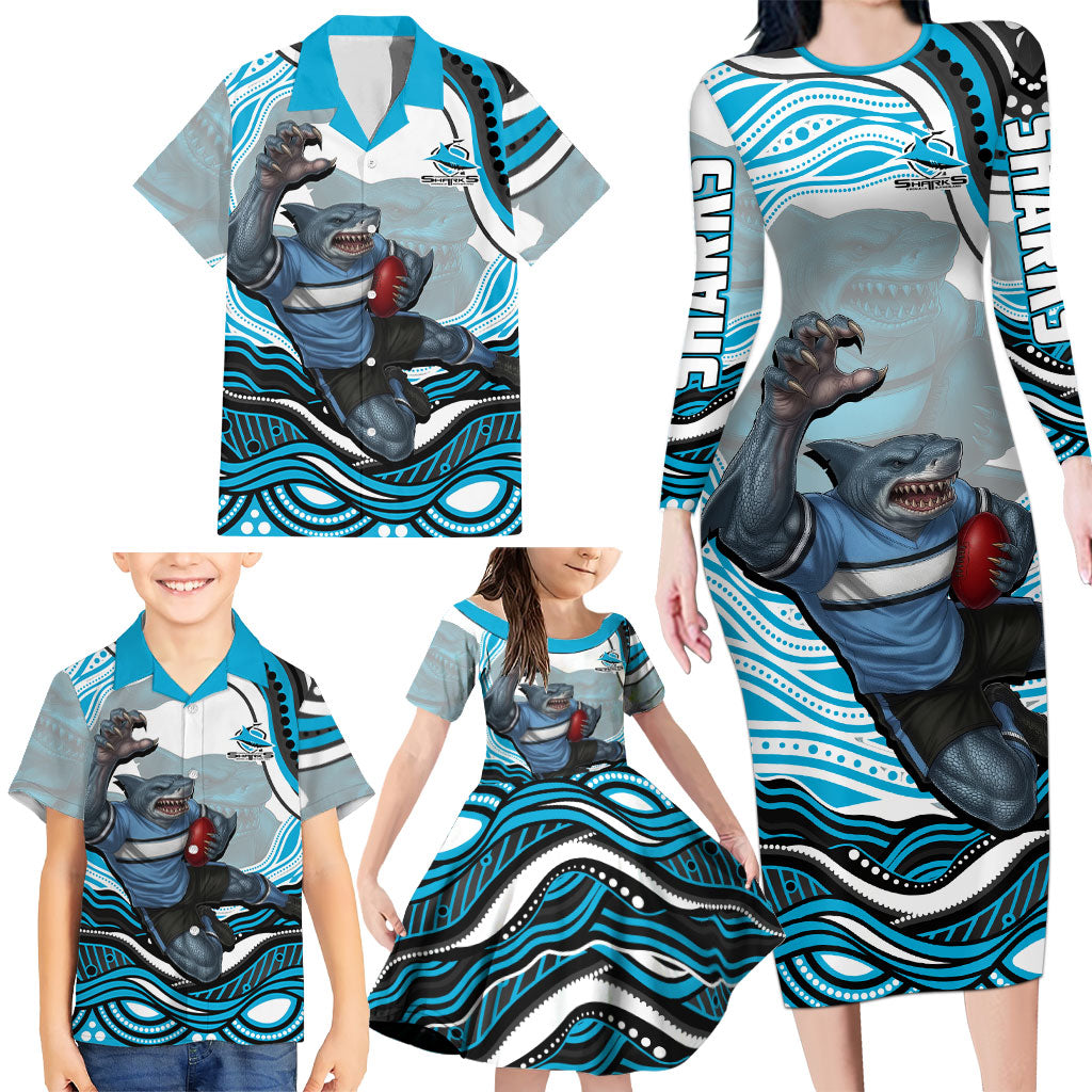 Personalized Cronulla Sutherland Sharks Family Matching Long Sleeve Bodycon Dress and Hawaiian Shirt Aboriginal Dot Art - Dreamtime Rugby Mascot