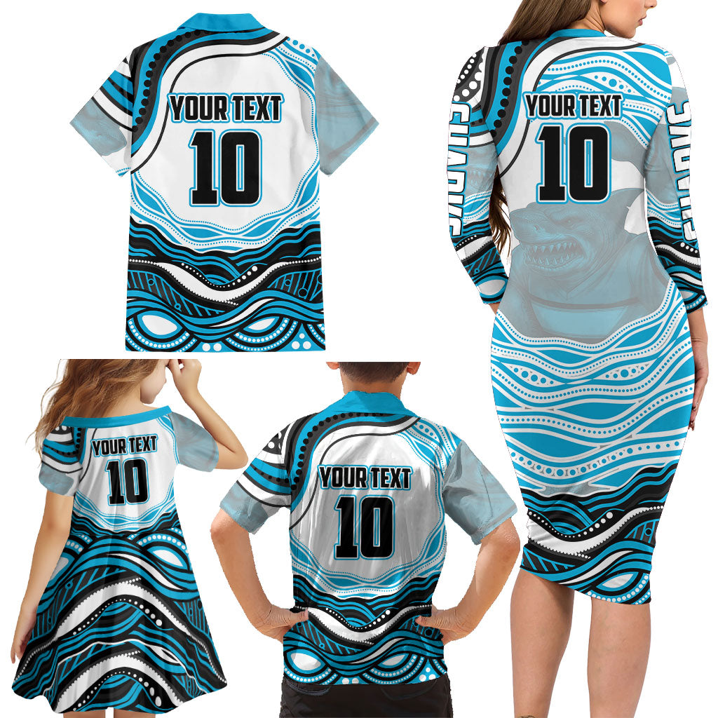 Personalized Cronulla Sutherland Sharks Family Matching Long Sleeve Bodycon Dress and Hawaiian Shirt Aboriginal Dot Art - Dreamtime Rugby Mascot
