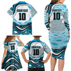 Personalized Cronulla Sutherland Sharks Family Matching Long Sleeve Bodycon Dress and Hawaiian Shirt Aboriginal Dot Art - Dreamtime Rugby Mascot