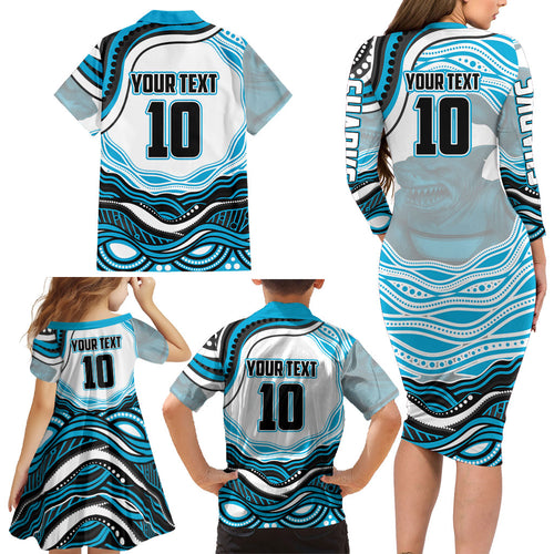 Personalized Cronulla Sutherland Sharks Family Matching Long Sleeve Bodycon Dress and Hawaiian Shirt Aboriginal Dot Art - Dreamtime Rugby Mascot