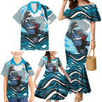 Personalized Cronulla Sutherland Sharks Family Matching Mermaid Dress and Hawaiian Shirt Aboriginal Dot Art - Dreamtime Rugby Mascot