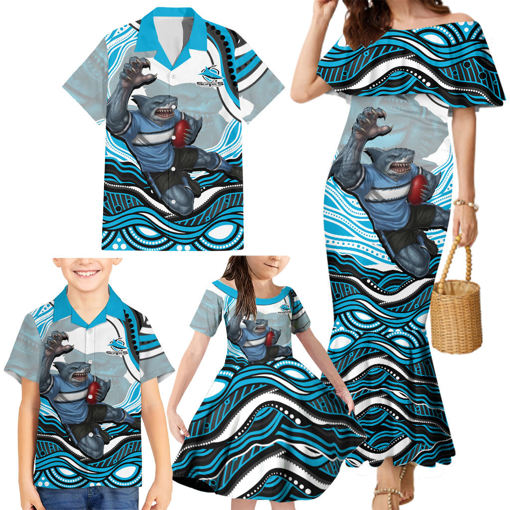 Personalized Cronulla Sutherland Sharks Family Matching Mermaid Dress and Hawaiian Shirt Aboriginal Dot Art - Dreamtime Rugby Mascot