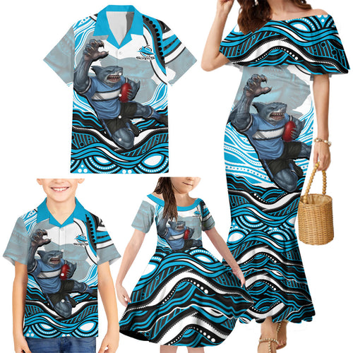 Personalized Cronulla Sutherland Sharks Family Matching Mermaid Dress and Hawaiian Shirt Aboriginal Dot Art - Dreamtime Rugby Mascot