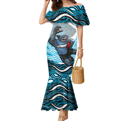 Personalized Cronulla Sutherland Sharks Family Matching Mermaid Dress and Hawaiian Shirt Aboriginal Dot Art - Dreamtime Rugby Mascot