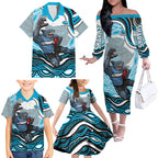 Personalized Cronulla Sutherland Sharks Family Matching Off The Shoulder Long Sleeve Dress and Hawaiian Shirt Aboriginal Dot Art - Dreamtime Rugby Mascot