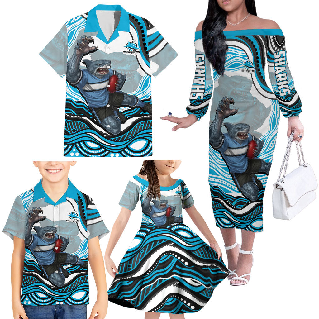Personalized Cronulla Sutherland Sharks Family Matching Off The Shoulder Long Sleeve Dress and Hawaiian Shirt Aboriginal Dot Art - Dreamtime Rugby Mascot