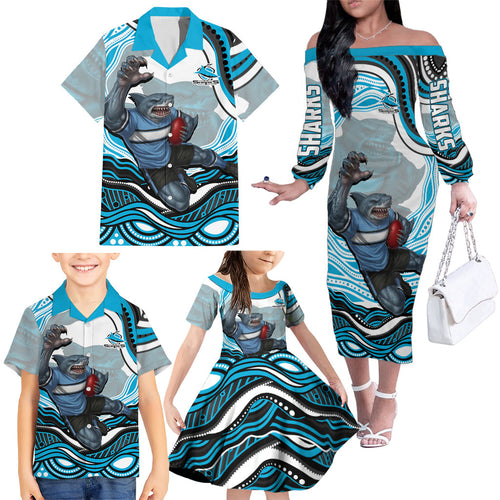 Personalized Cronulla Sutherland Sharks Family Matching Off The Shoulder Long Sleeve Dress and Hawaiian Shirt Aboriginal Dot Art - Dreamtime Rugby Mascot