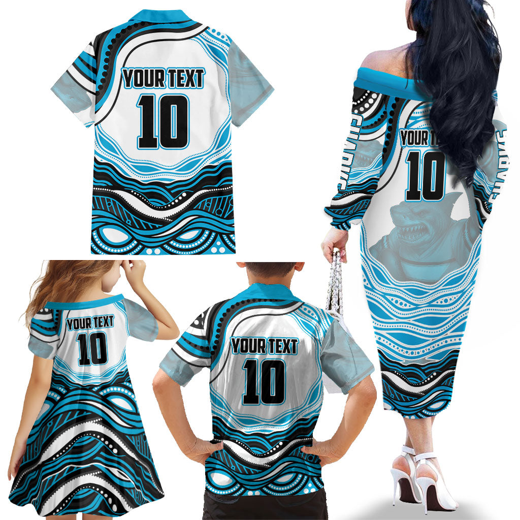 Personalized Cronulla Sutherland Sharks Family Matching Off The Shoulder Long Sleeve Dress and Hawaiian Shirt Aboriginal Dot Art - Dreamtime Rugby Mascot