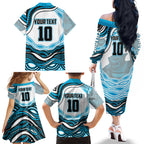 Personalized Cronulla Sutherland Sharks Family Matching Off The Shoulder Long Sleeve Dress and Hawaiian Shirt Aboriginal Dot Art - Dreamtime Rugby Mascot