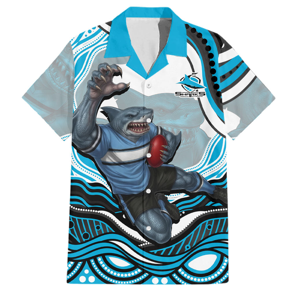 Personalized Cronulla Sutherland Sharks Family Matching Off The Shoulder Long Sleeve Dress and Hawaiian Shirt Aboriginal Dot Art - Dreamtime Rugby Mascot