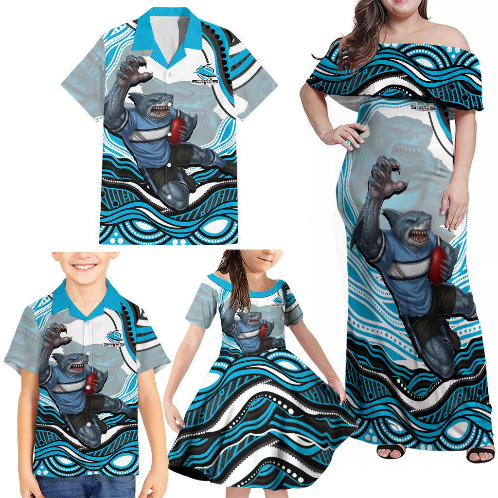 Personalized Cronulla Sutherland Sharks Family Matching Off Shoulder Maxi Dress and Hawaiian Shirt Aboriginal Dot Art - Dreamtime Rugby Mascot