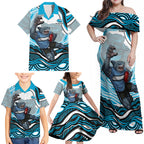 Personalized Cronulla Sutherland Sharks Family Matching Off Shoulder Maxi Dress and Hawaiian Shirt Aboriginal Dot Art - Dreamtime Rugby Mascot