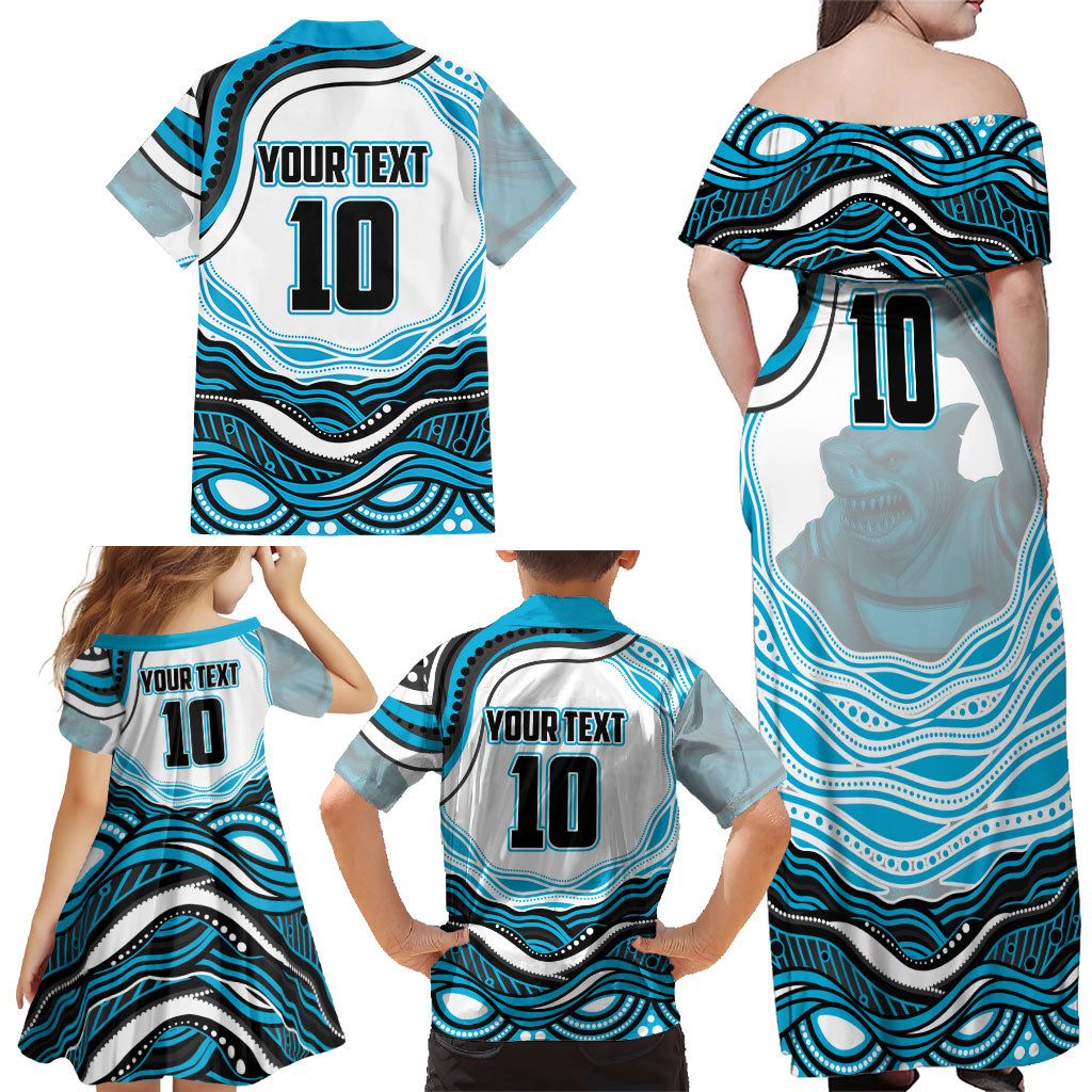 Personalized Cronulla Sutherland Sharks Family Matching Off Shoulder Maxi Dress and Hawaiian Shirt Aboriginal Dot Art - Dreamtime Rugby Mascot
