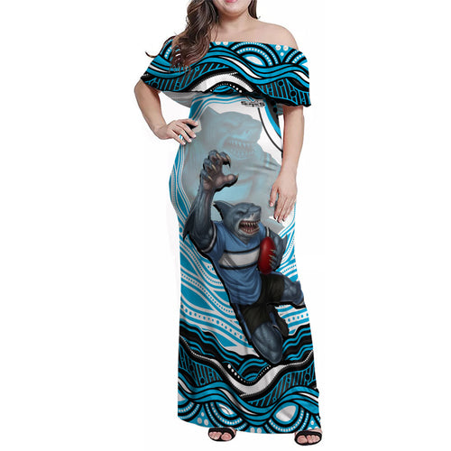 Personalized Cronulla Sutherland Sharks Family Matching Off Shoulder Maxi Dress and Hawaiian Shirt Aboriginal Dot Art - Dreamtime Rugby Mascot