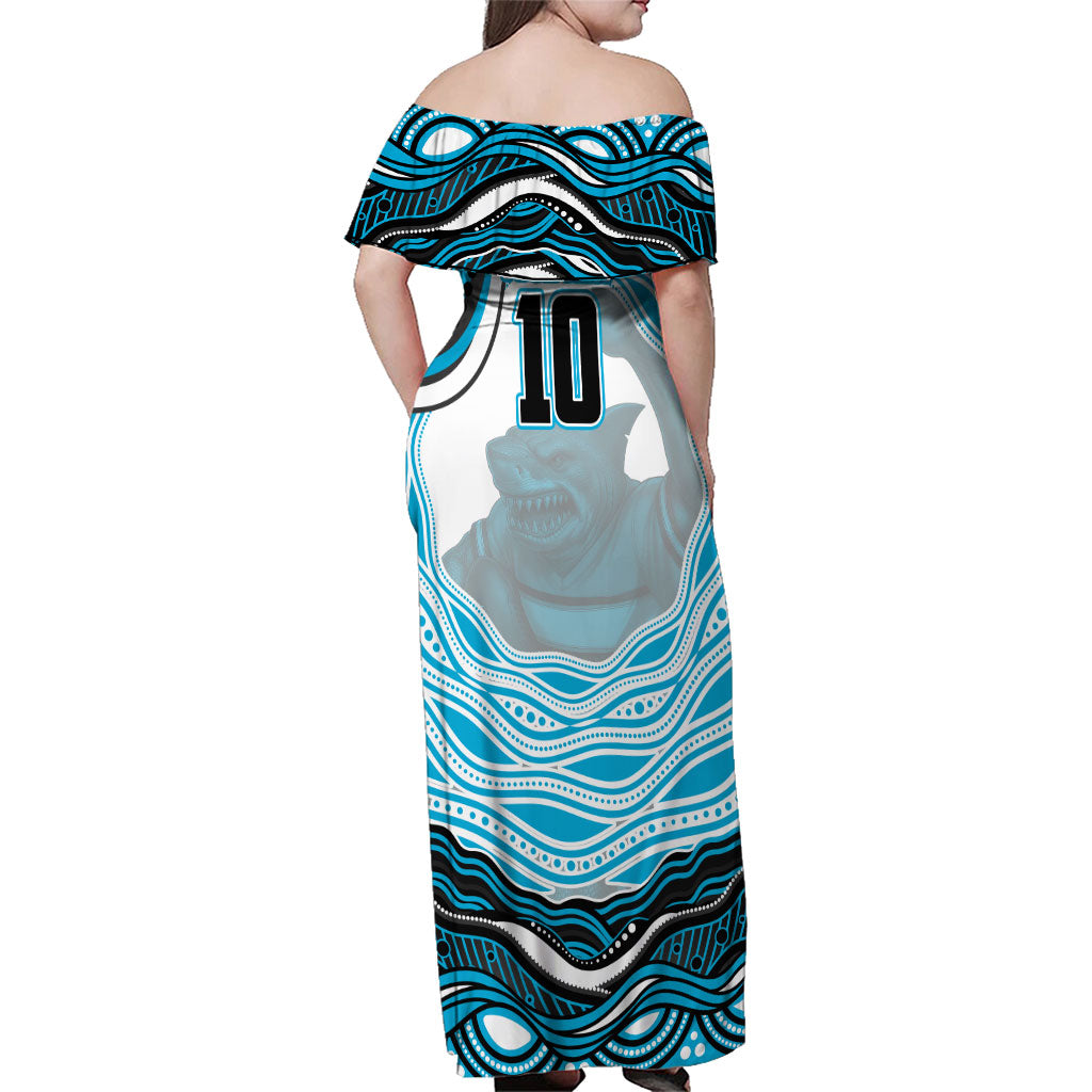 Personalized Cronulla Sutherland Sharks Family Matching Off Shoulder Maxi Dress and Hawaiian Shirt Aboriginal Dot Art - Dreamtime Rugby Mascot