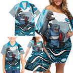 Personalized Cronulla Sutherland Sharks Family Matching Off Shoulder Short Dress and Hawaiian Shirt Aboriginal Dot Art - Dreamtime Rugby Mascot