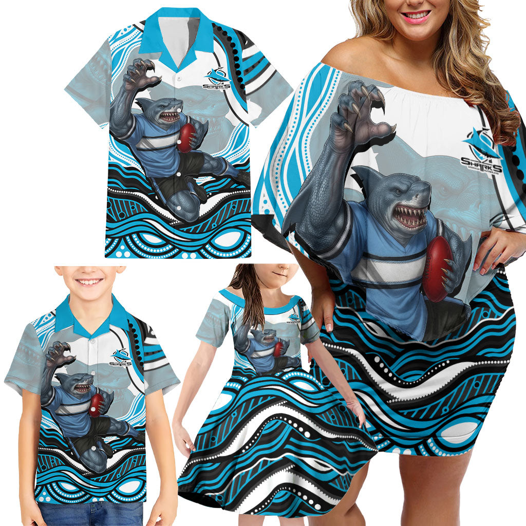 Personalized Cronulla Sutherland Sharks Family Matching Off Shoulder Short Dress and Hawaiian Shirt Aboriginal Dot Art - Dreamtime Rugby Mascot
