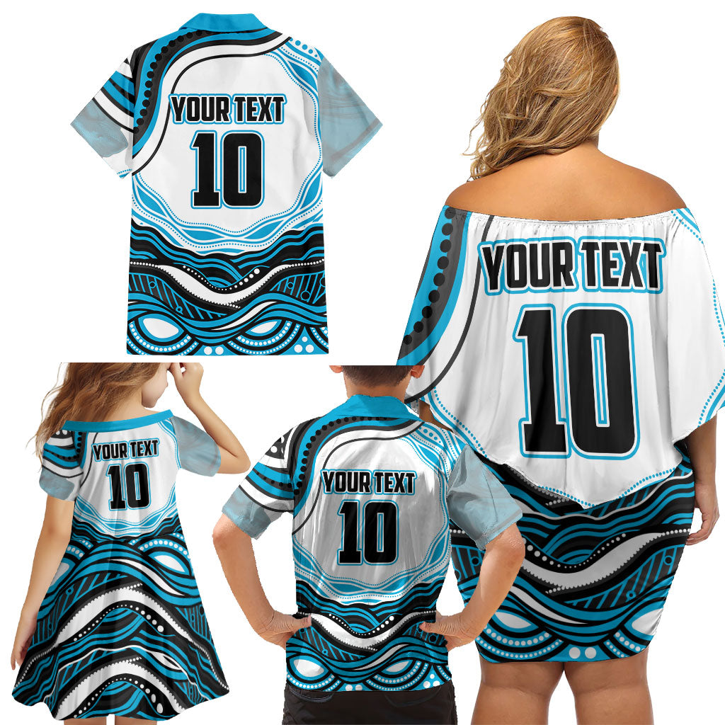 Personalized Cronulla Sutherland Sharks Family Matching Off Shoulder Short Dress and Hawaiian Shirt Aboriginal Dot Art - Dreamtime Rugby Mascot