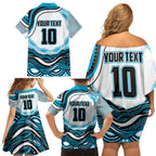 Personalized Cronulla Sutherland Sharks Family Matching Off Shoulder Short Dress and Hawaiian Shirt Aboriginal Dot Art - Dreamtime Rugby Mascot