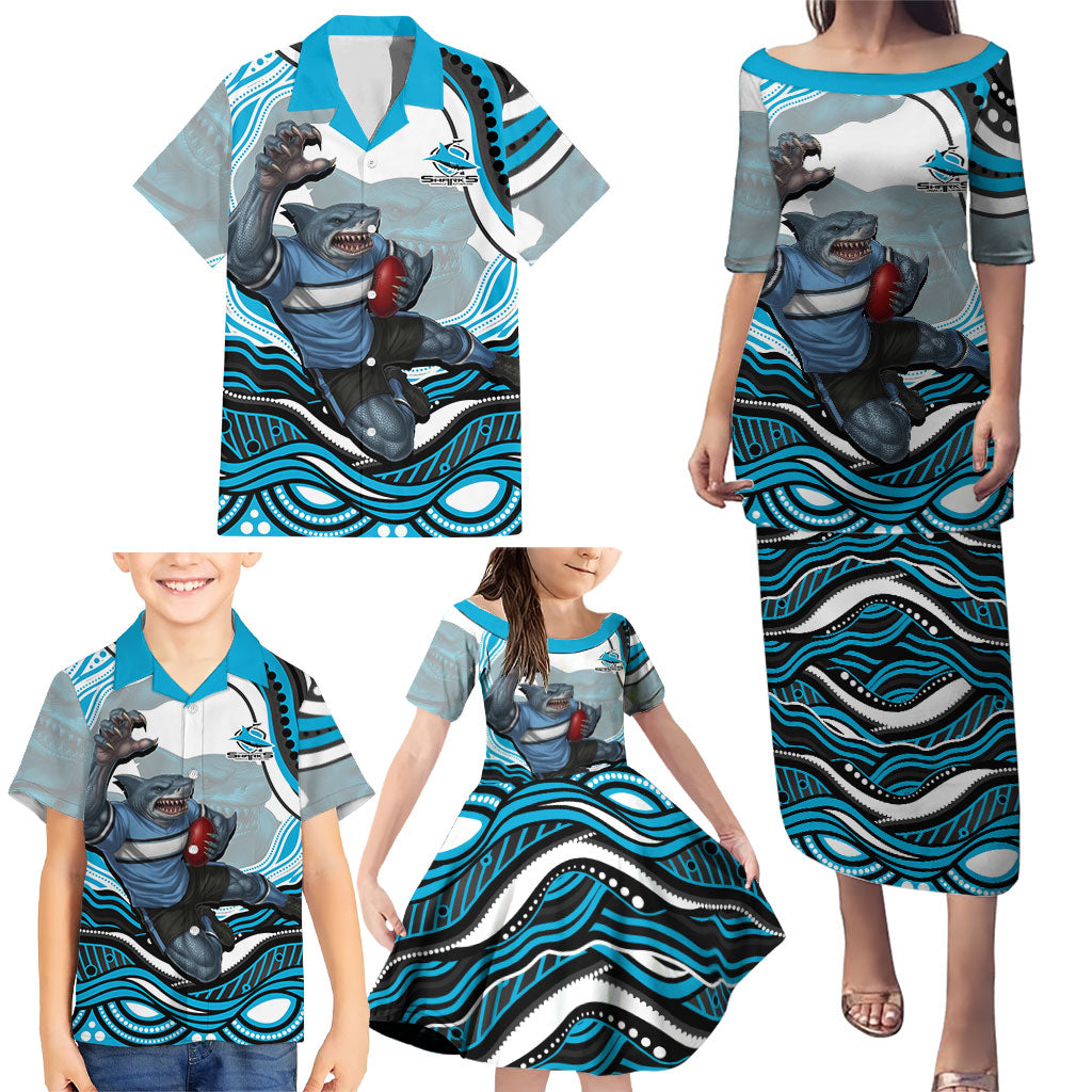 Personalized Cronulla Sutherland Sharks Family Matching Puletasi and Hawaiian Shirt Aboriginal Dot Art - Dreamtime Rugby Mascot