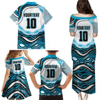 Personalized Cronulla Sutherland Sharks Family Matching Puletasi and Hawaiian Shirt Aboriginal Dot Art - Dreamtime Rugby Mascot