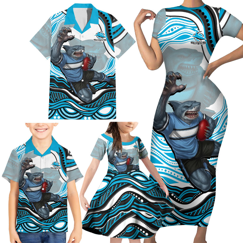 Personalized Cronulla Sutherland Sharks Family Matching Short Sleeve Bodycon Dress and Hawaiian Shirt Aboriginal Dot Art - Dreamtime Rugby Mascot