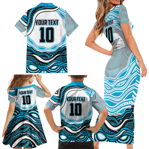 Personalized Cronulla Sutherland Sharks Family Matching Short Sleeve Bodycon Dress and Hawaiian Shirt Aboriginal Dot Art - Dreamtime Rugby Mascot