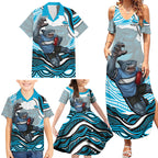 Personalized Cronulla Sutherland Sharks Family Matching Summer Maxi Dress and Hawaiian Shirt Aboriginal Dot Art - Dreamtime Rugby Mascot