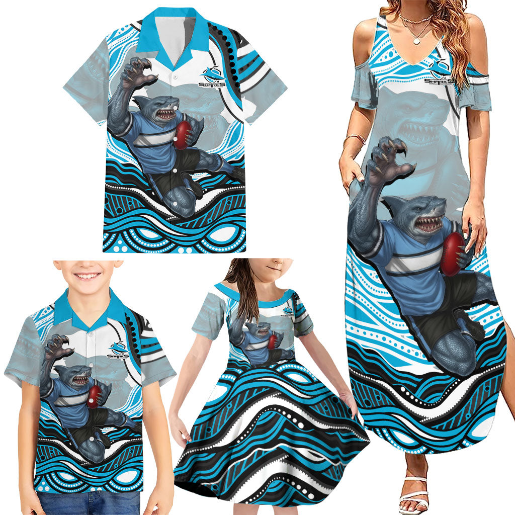Personalized Cronulla Sutherland Sharks Family Matching Summer Maxi Dress and Hawaiian Shirt Aboriginal Dot Art - Dreamtime Rugby Mascot