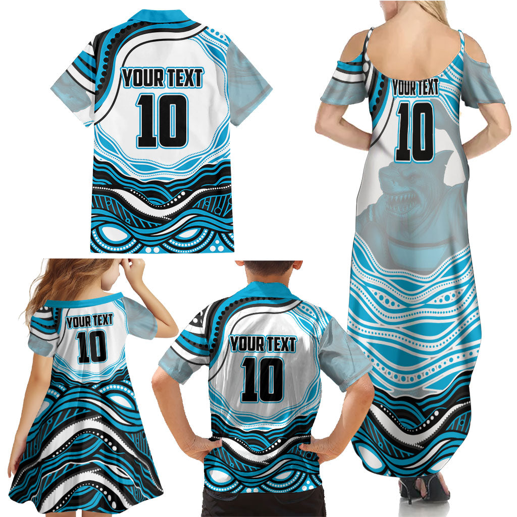 Personalized Cronulla Sutherland Sharks Family Matching Summer Maxi Dress and Hawaiian Shirt Aboriginal Dot Art - Dreamtime Rugby Mascot