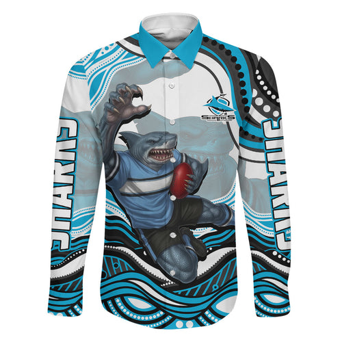 Personalized Cronulla Sutherland Sharks Family Matching Summer Maxi Dress and Hawaiian Shirt Aboriginal Dot Art - Dreamtime Rugby Mascot