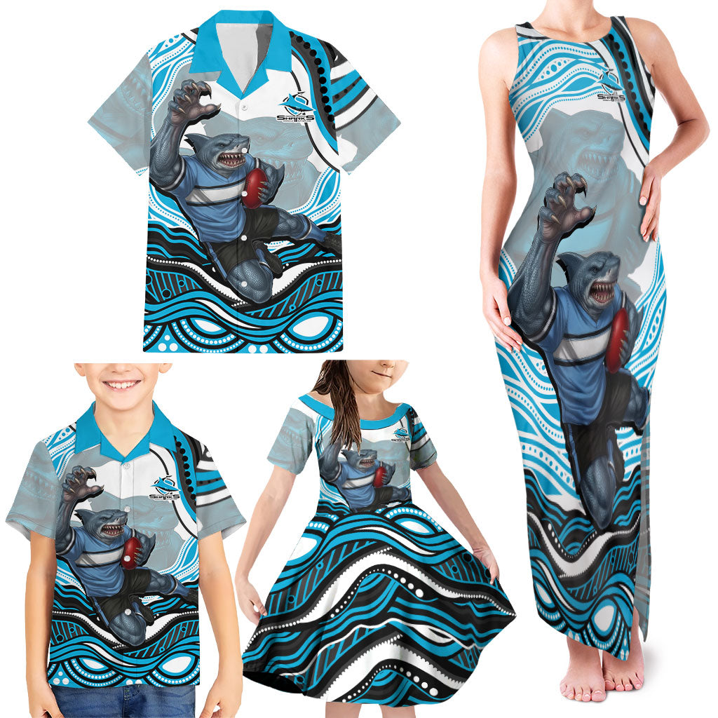 Personalized Cronulla Sutherland Sharks Family Matching Tank Maxi Dress and Hawaiian Shirt Aboriginal Dot Art - Dreamtime Rugby Mascot