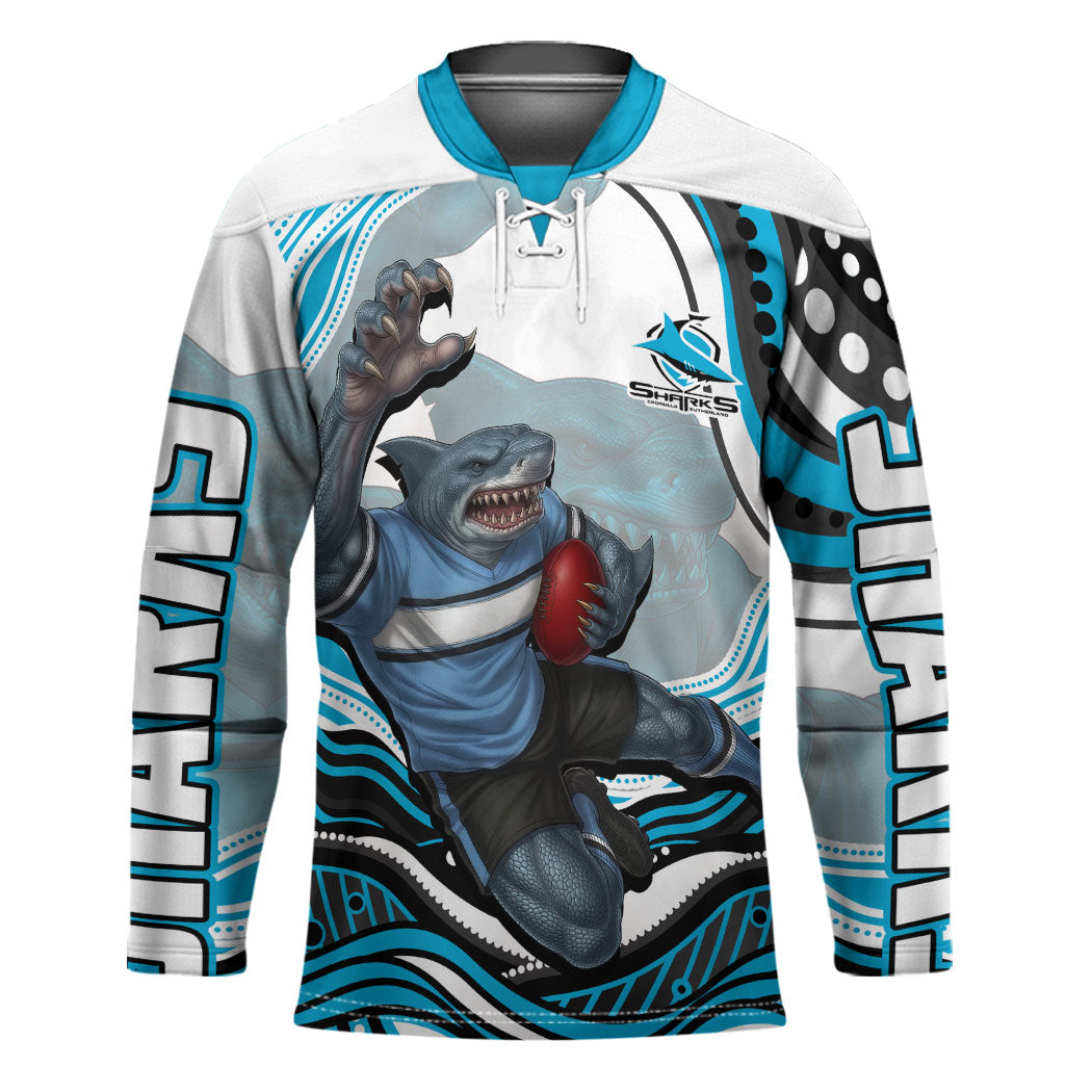 Personalized Cronulla Sutherland Sharks Hockey Jersey Aboriginal Dot Art - Dreamtime Rugby Mascot